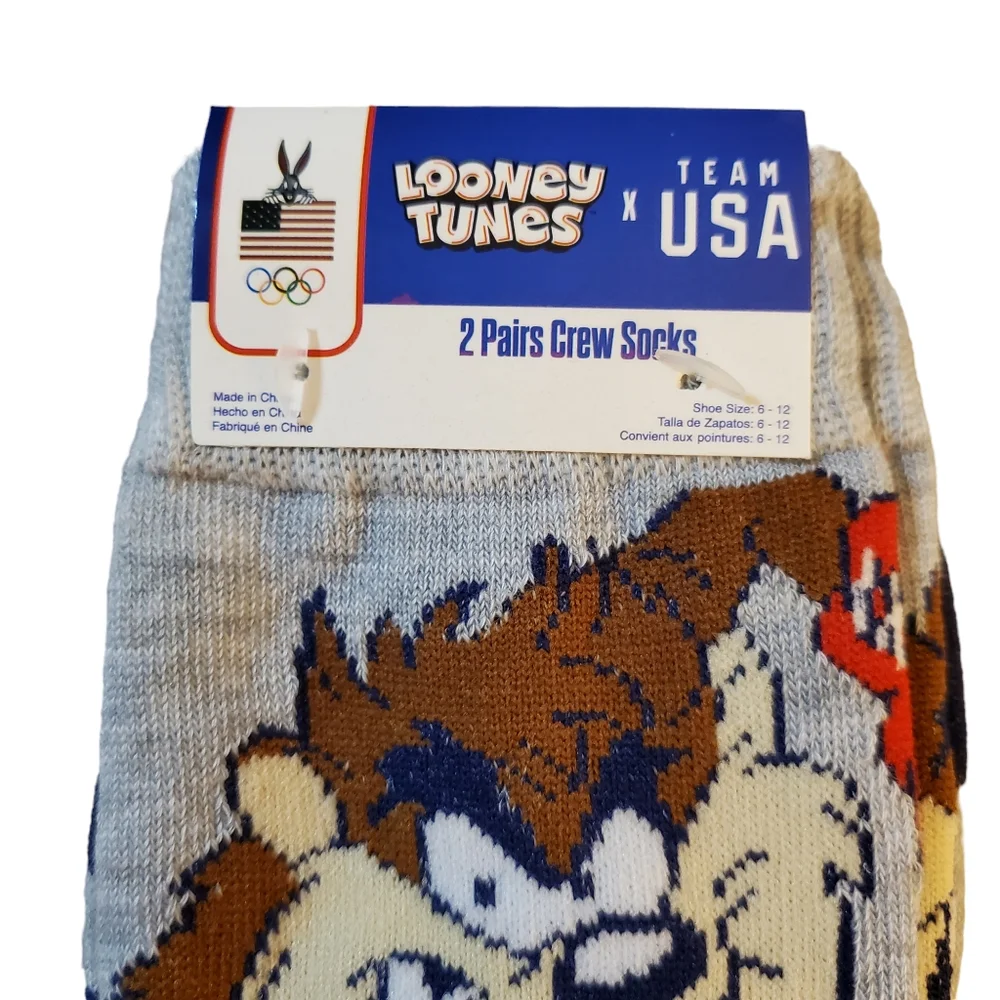 Theme Looney Tunes Bugs Taz Daffy Crew Socks 2 Pairs‎ New
